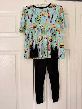 Birdie Bean Girls bamboo 3T School Supplies Print Peplum Top with Black Leggings